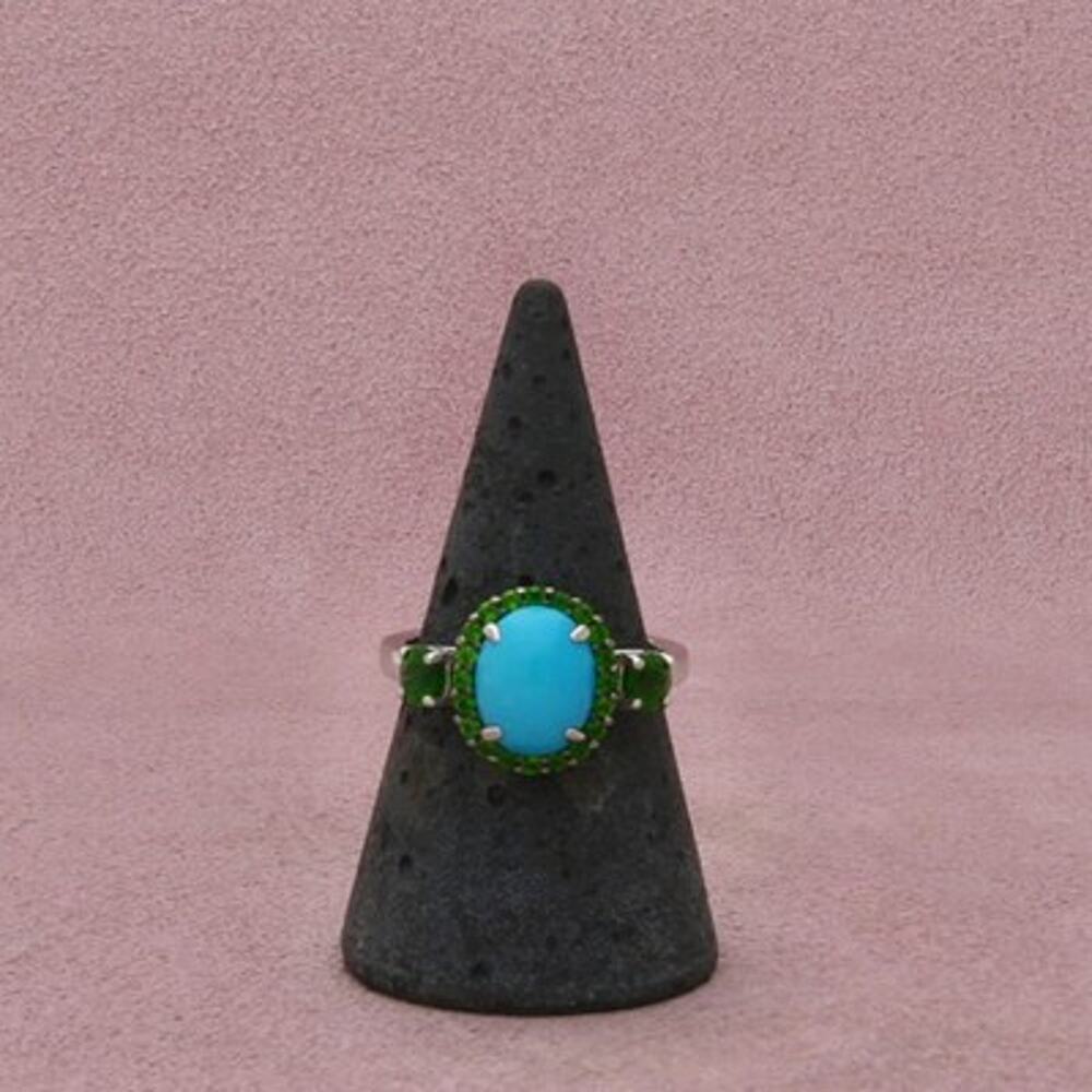 Sterling Silver Sleeping Beauty Turquoise & Chrome Diopside Halo Ring Size 8